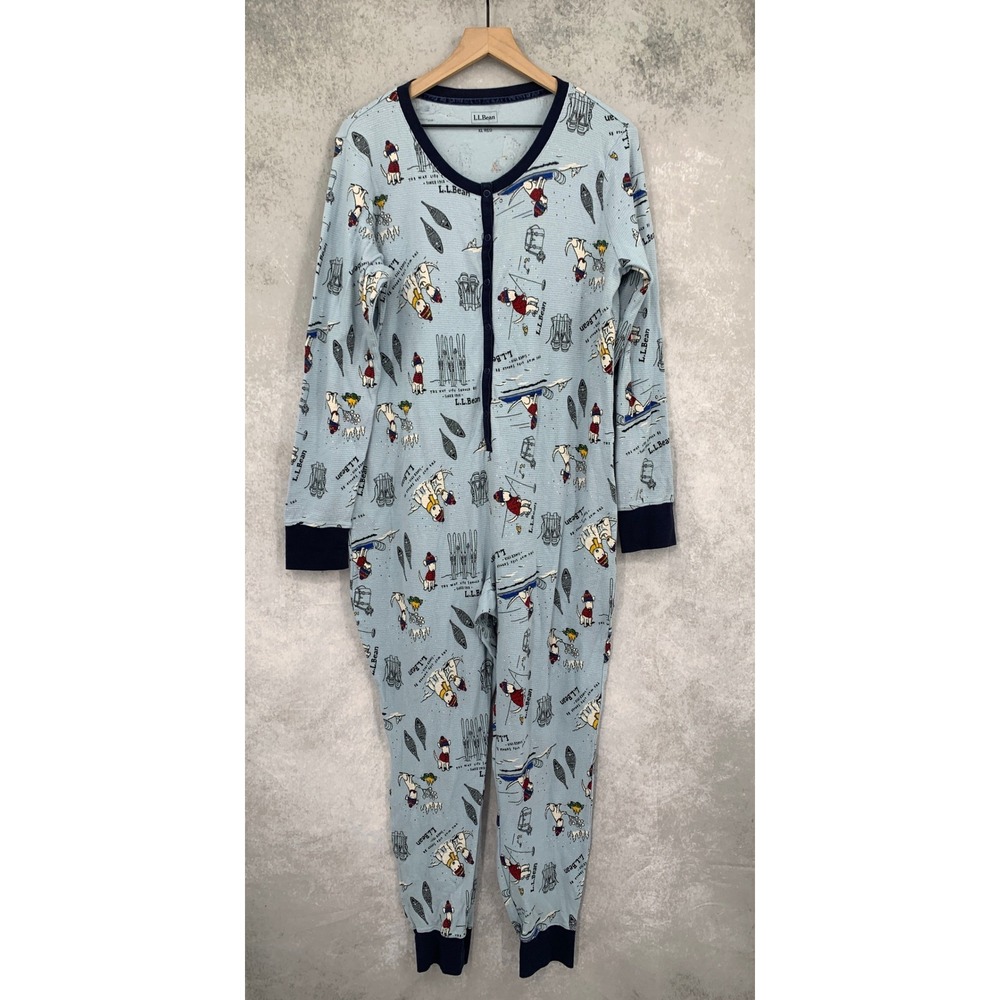 LL Bean One Piece Pajama Womens XL Blue Ski Dog Thermal Waffle Knit Long Sleeve